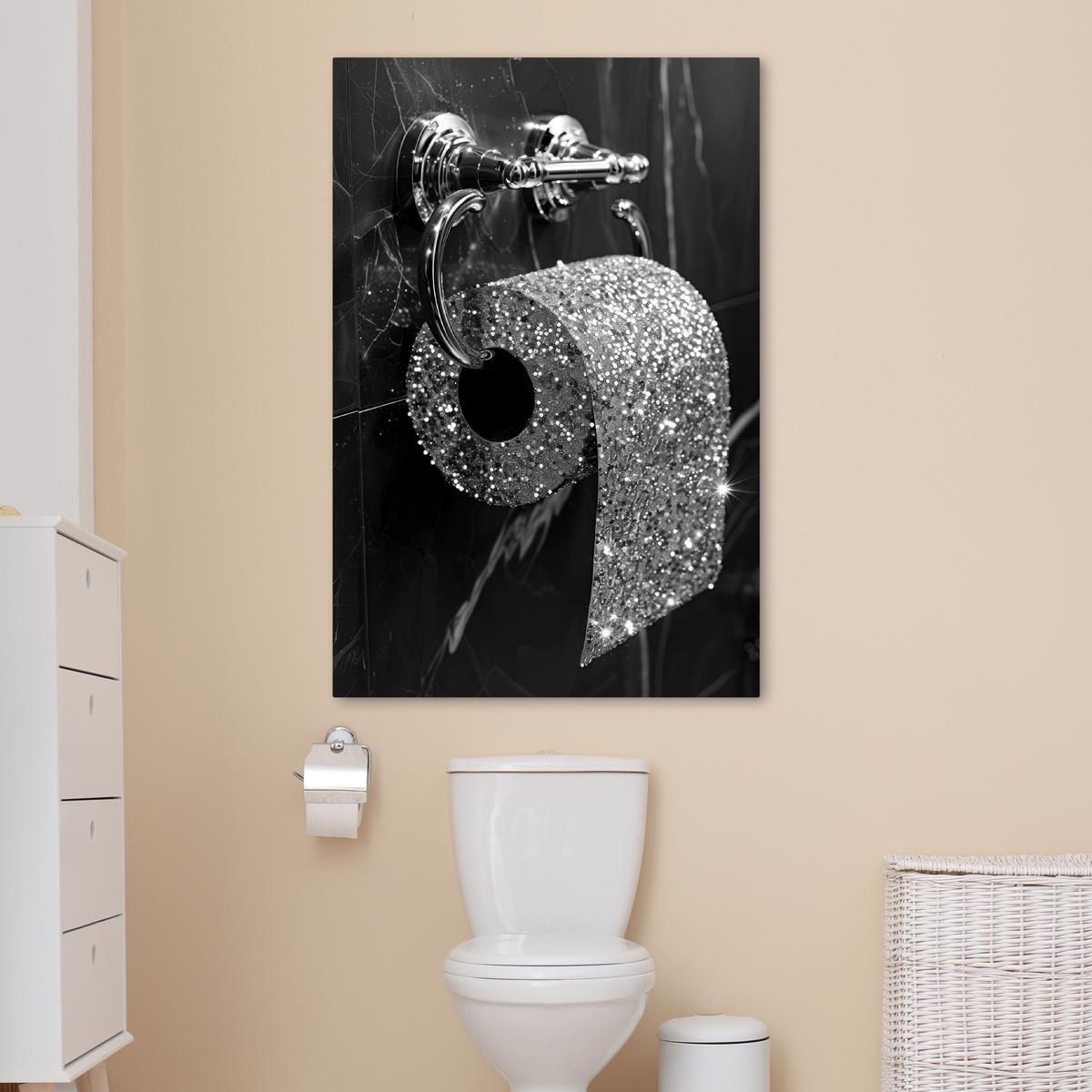 LEINWANDBILD WC - Toilettenpapier - Schwarz und weiß - Glitter Deko XXL 80x120 cm - Silberfarben, Textil (80/120cm) - MuchoWow