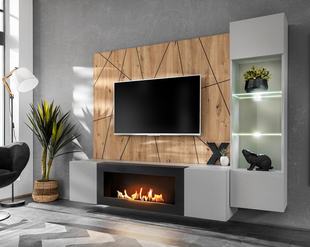 WOHNWAND hellgrau, schwarz, Eiche Artisan, Schrankwand 200 cm inklusive Ethanol Kamin - Hellgrau/Schwarz, Glas/Holzwerkstoff (200/148/35cm) - Inn.Furn