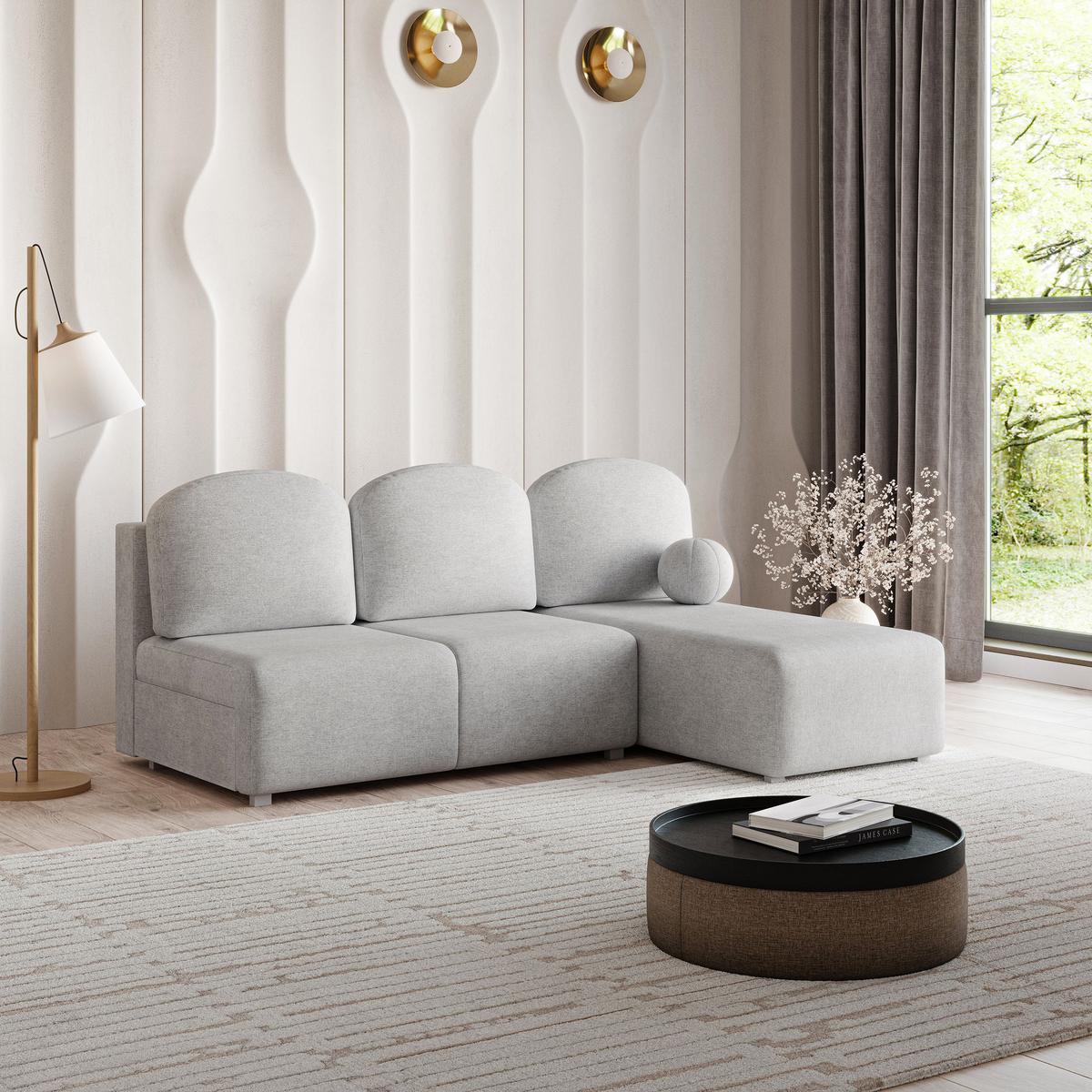 ECKSOFA TRAMA Hellgrau Geflochtener Stoff mit Schlaffunktion - Hellgrau, Holz (200/143cm) - MASSENO