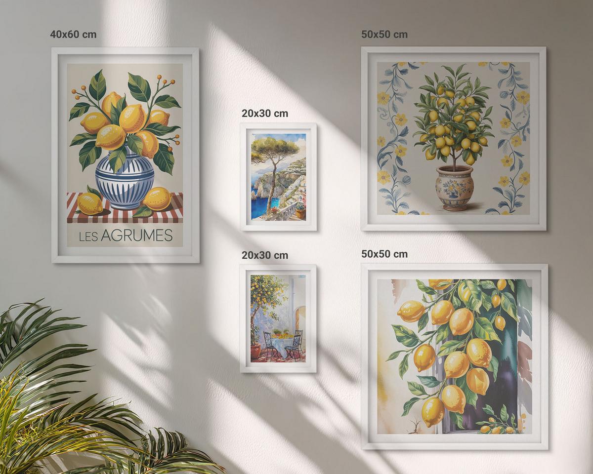 BILDER SET 5er Set - 50x50 cm & 20x30 cm & 40x60 cm Weißer Rahmen - Zitronenbäume am Meer - Weiß, Kunststoff (40/60cm) - TULUP