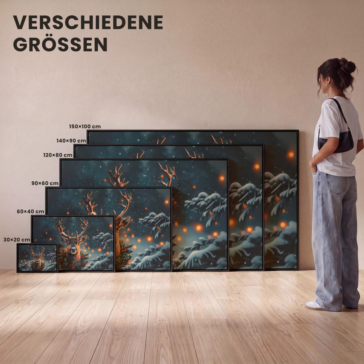 LEINWAND Bilder mit Rahmen - Hirsch - Weihnachten - Winter - Schnee - Weihnachtskranz - 120x80 - Dunkelbraun, Textil (120/80cm) - MuchoWow