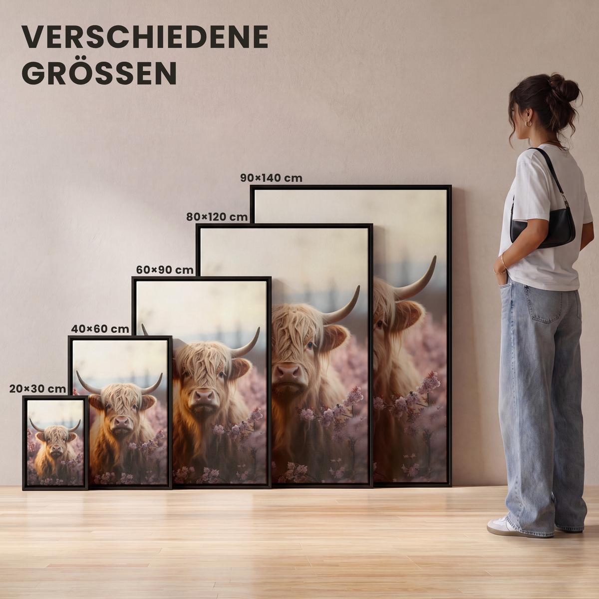 LEINWAND Bilder mit Rahmen - Schottischer Hochländer - Frühling - Hochland - 90x140 - Hellrosa, Textil (90/140cm) - MuchoWow