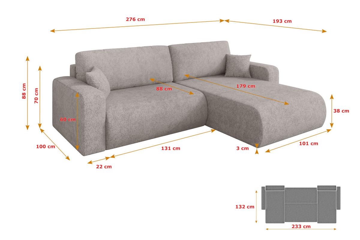 ECKSOFA mit Schlaffunktion Ottomane Rechts BERY-L 276x193x88 Hellgrau Velours - Hellgrau/Schwarz, Holzwerkstoff/Kunststoff (276/193cm) - ALTDECOR