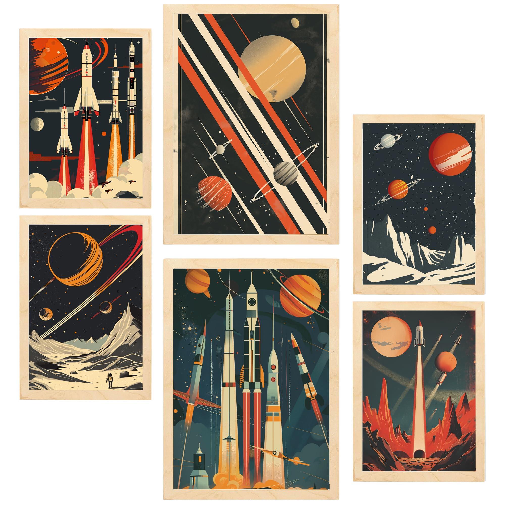 POSTER Set Mit 6 Raumschiff Rakete Planeten Vintage Rot & Blautöne A3 & A4 Rahmen Aus Hellem Holz - Beige, Papier (29/3cm) - Nacnic