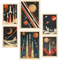 POSTER Set Mit 6 Raumschiff Rakete Planeten Vintage Rot & Blautöne A3 & A4 Rahmen Aus Hellem Holz - Beige, Papier (29/3cm) - Nacnic