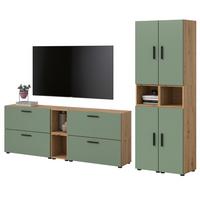 WOHNWAND grün, Eiche Artisan 256 x 178 cm, Schrankwand mit Soft-Close - Schwarz/Eiche Artisan, Holzwerkstoff/Kunststoff (256/151/34cm) - Inn.Furn