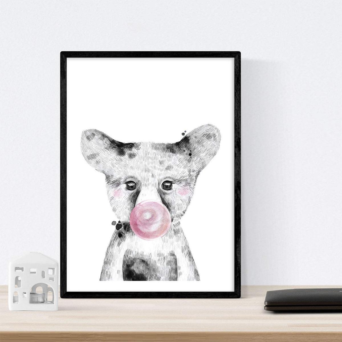 POSTER Set Mit 6 Tiere Babys Mit Kaugummi Hirschkuh Schweinefleisch Fuchs Eule Hund A4 Rahmenlos - Klar, Papier (29/3cm) - Nacnic