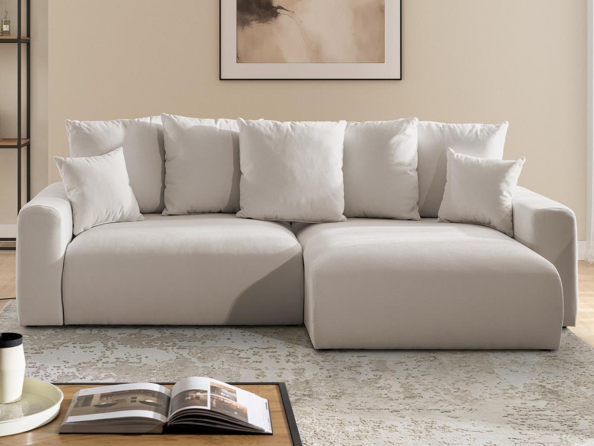 ECKSOFA Calma mit Schlaffunktion und Bettkasten im Bumpy-Design aus weichem Beige Webstoff - Ottomane rechts - Beige/Schwarz, Holz/Kunststoff (140/239cm) - S-Style