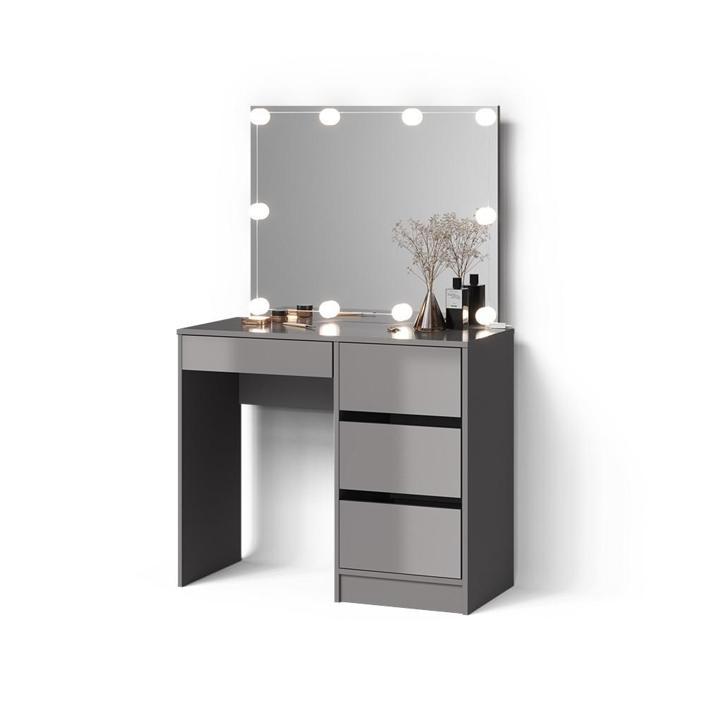 SCHMINKTISCH Imola Grau mit LED Beleuchtung und Hocker - Grau, Holzwerkstoff (90/75/40cm) - Livinity®