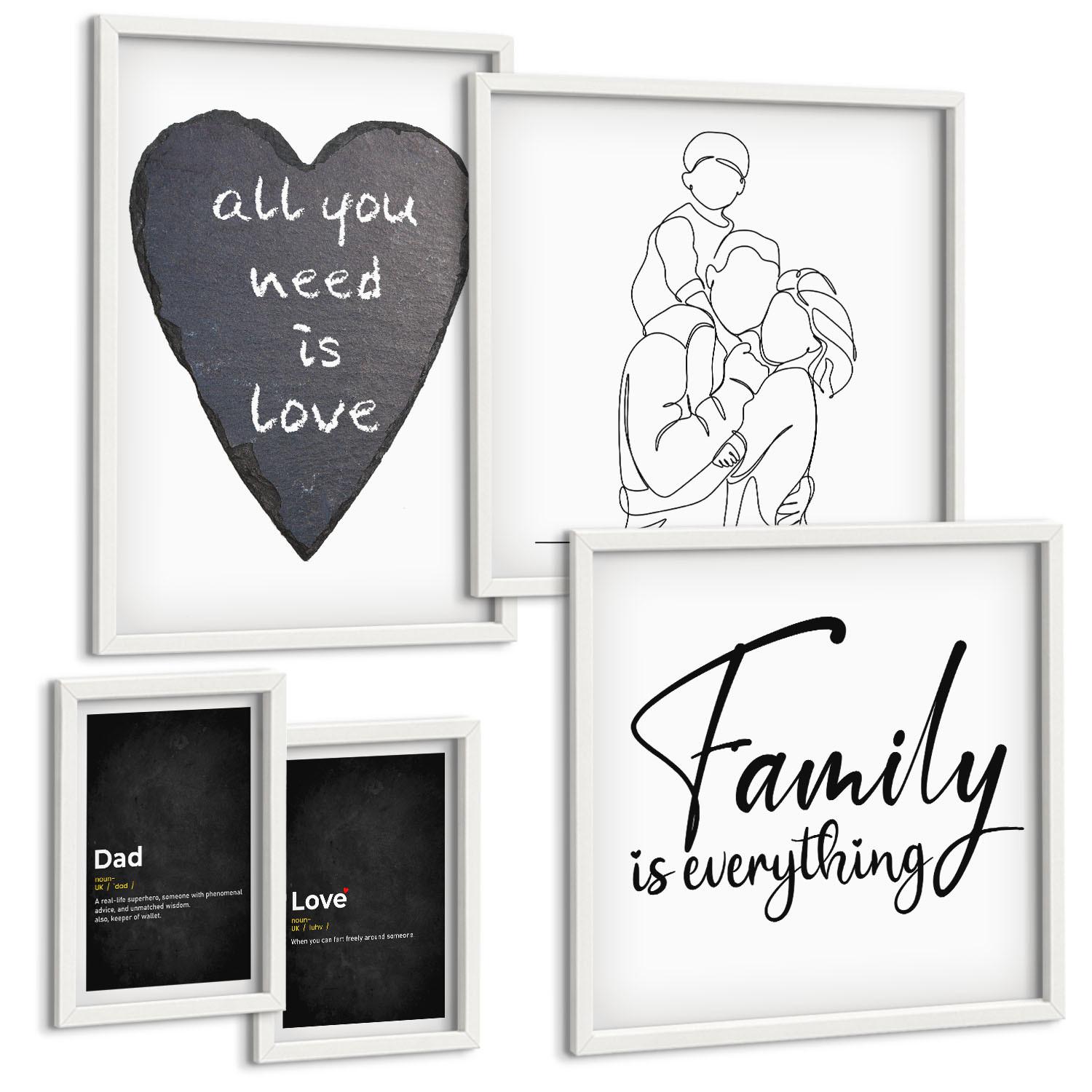 BILDER SET 5er Set - 50x50 cm & 20x30 cm & 40x60 cm Weißer Rahmen - Definitionen der Liebe in Familienzeichnungen - Weiß, Kunststoff (40/60cm) - TULUP