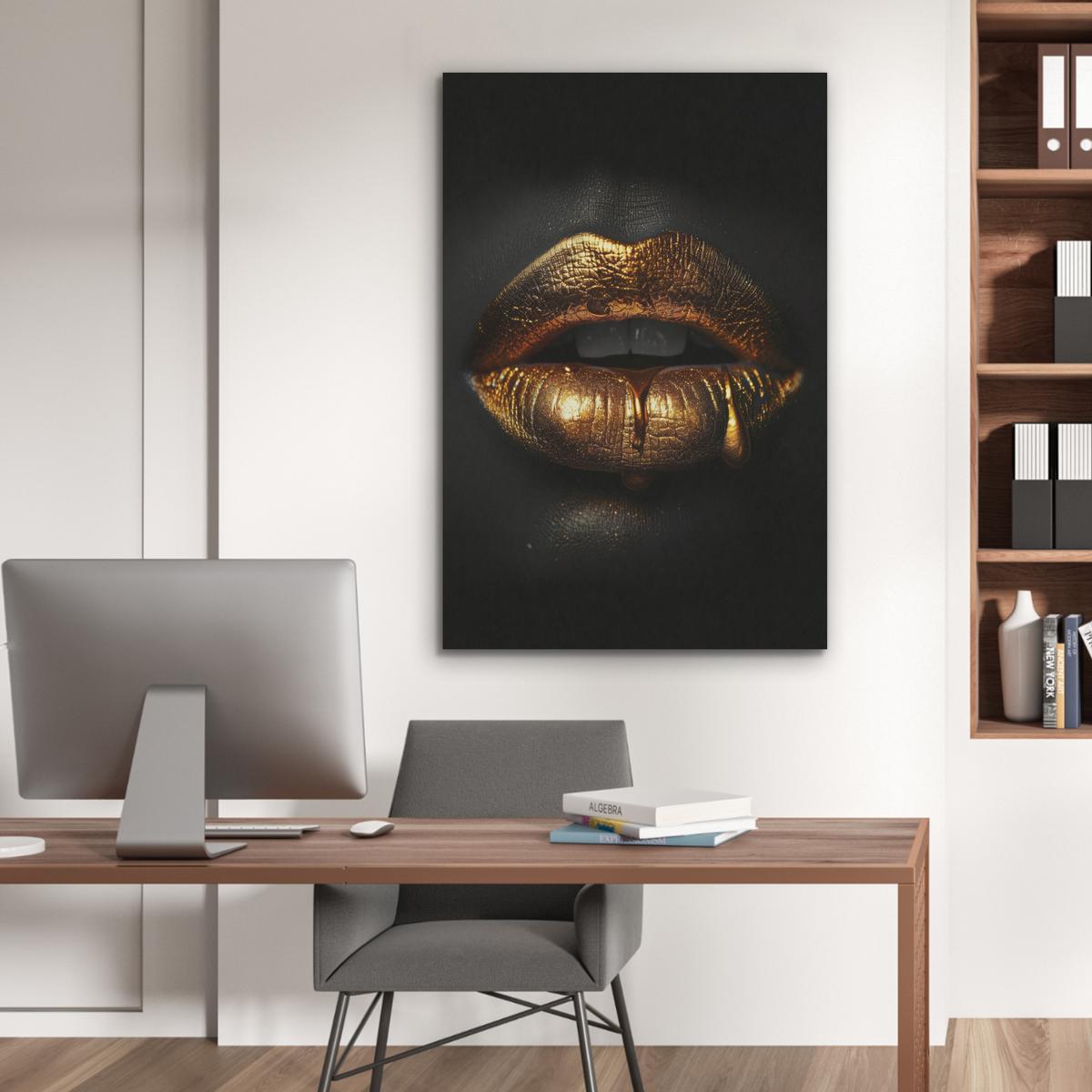 AKUSTIKBILD Frau - Porträt - Lippen - Gold - Schwarz Wanddeko 70x100 cm - Schwarz, Kunststoff (70/100/0.9cm) - MuchoWow