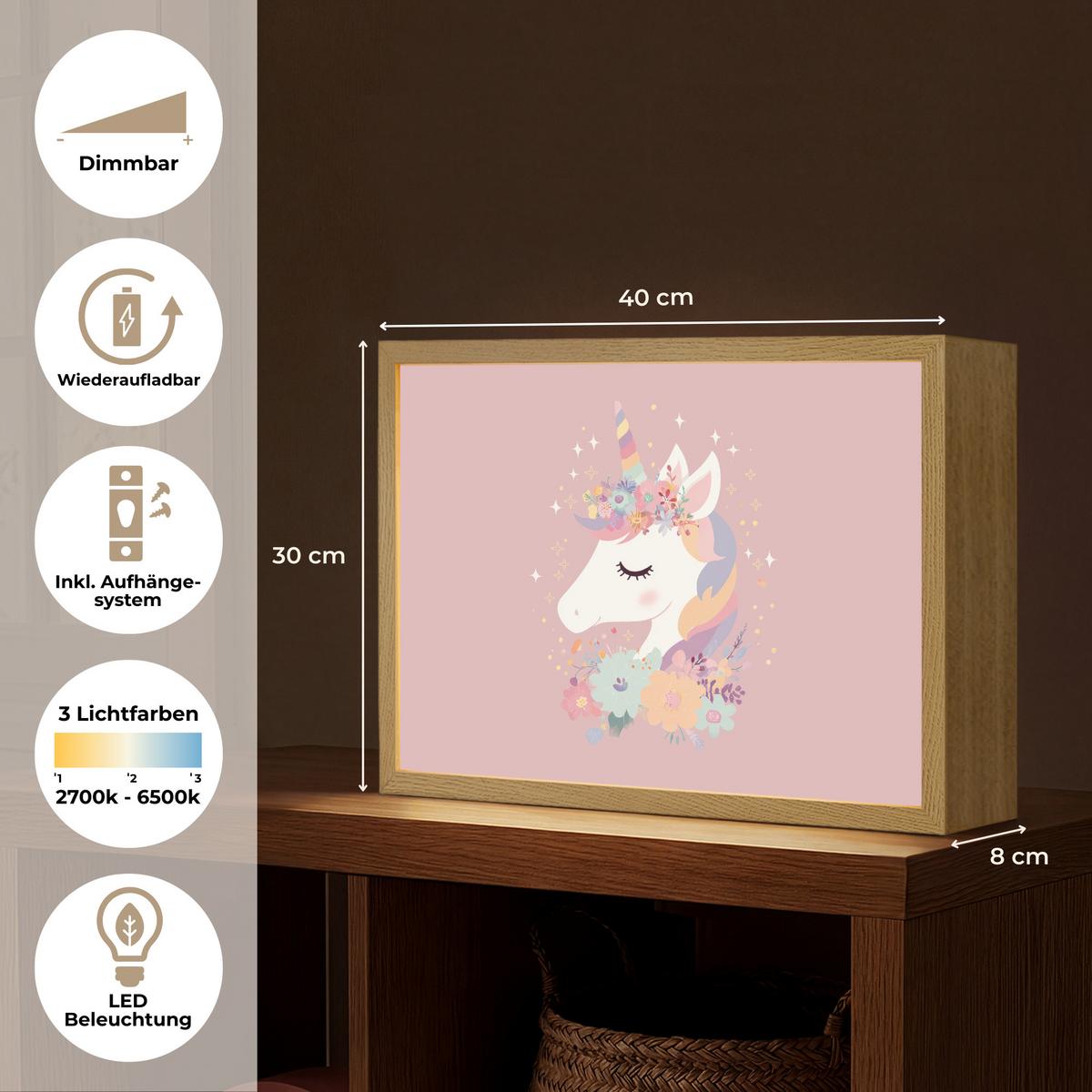 NACHTTISCHLAMPE MIT AKKU Einhorn - Rosa - Blumen 40x30 cm - Rosa, Holzwerkstoff (8/40/30cm) - OnlyWow