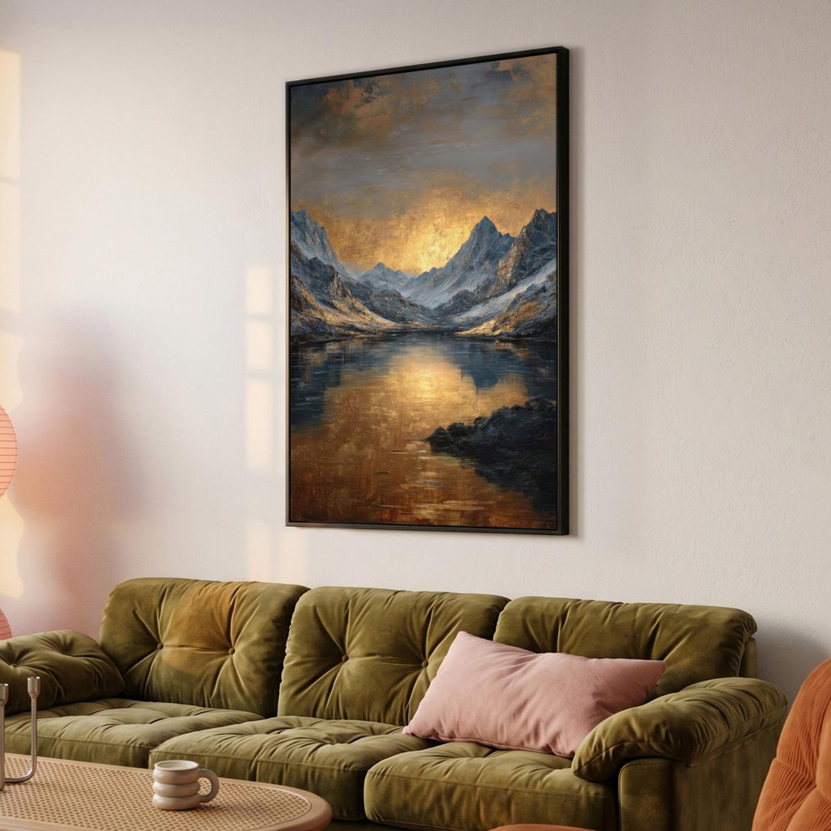 LEINWAND Bilder mit Rahmen - Bergkulisse mit goldenem Sonnenuntergang - 80x120 - Goldfarben, Textil (80/120cm) - MuchoWow