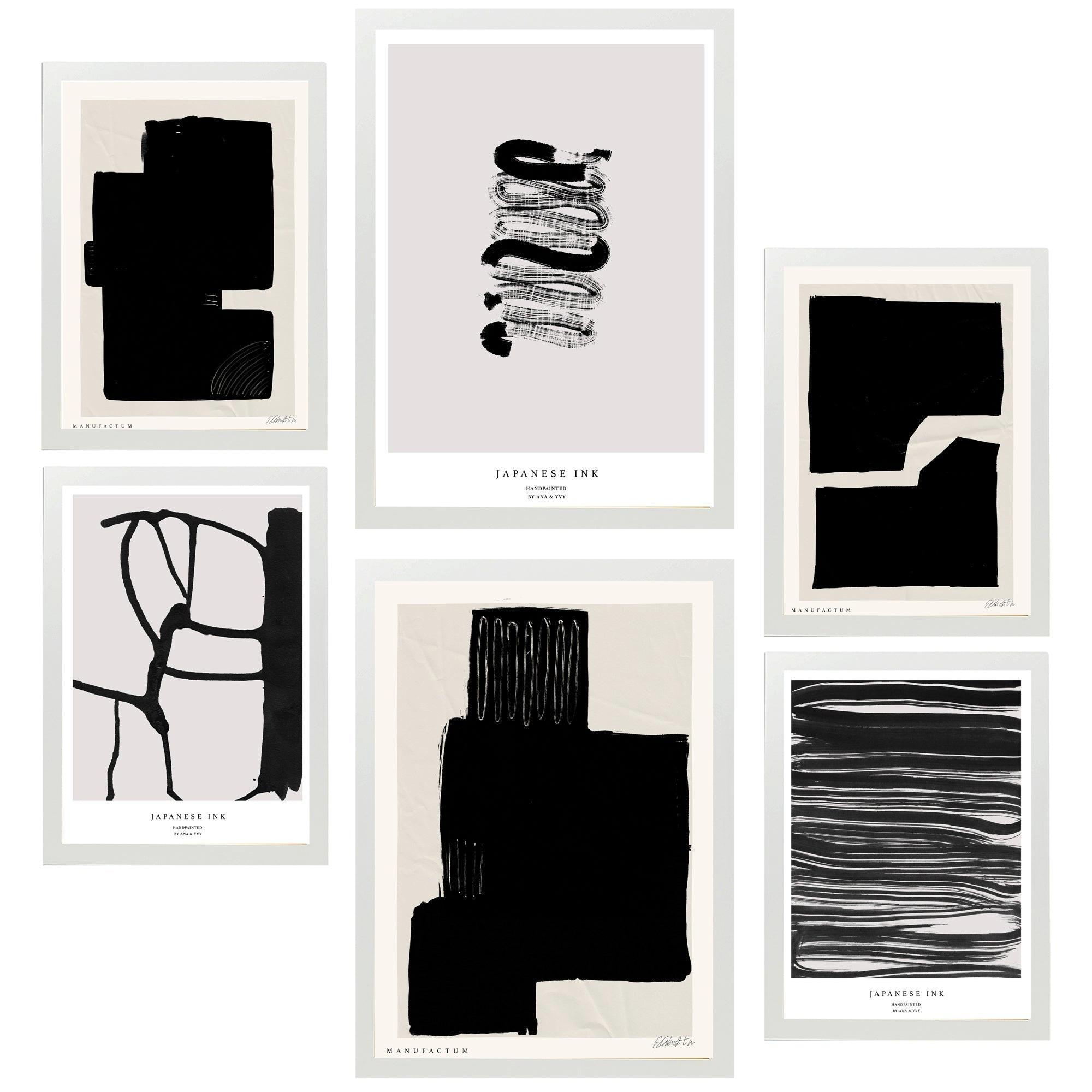 POSTER Set Mit 6 Japanische Tuschekunst Schwarzweiß A3 & A4 Weißer Rahmen - Weiß, Papier (29/3cm) - Nacnic