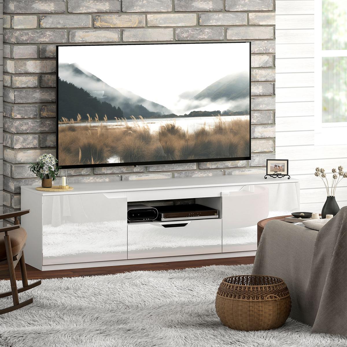 HOCHGLANZ TV-Lowboard für Fernseher bis 65 Zoll, 3 Fächer, Schublade, Weiß - Weiß Hochglanz/Weiß, Holzwerkstoff (38/43/160cm) - HOMCOM
