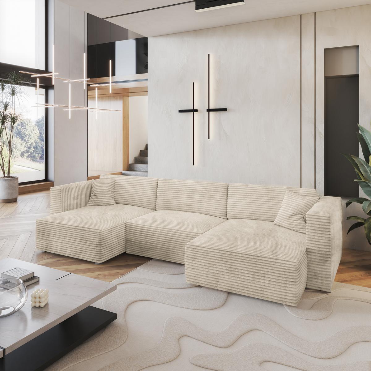 WOHNLANDSCHAFT SARMO Creme Kordstoff mit Schlaffunktion - Creme/Grau, Holz/Kunststoff (347/90/148cm) - MASSENO