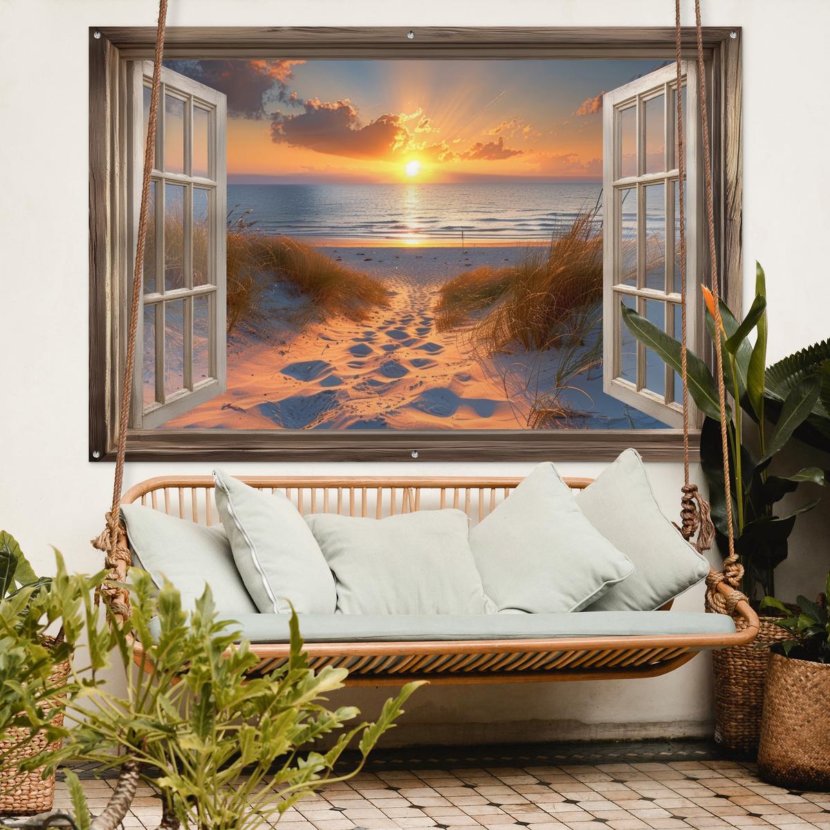 GARTENPOSTER Durchblick - Strand - Dünen - Sonnenuntergang Poster für draußen 180x120 cm - Orange, Kunststoff (180/120/0.2cm) - OnlyWow