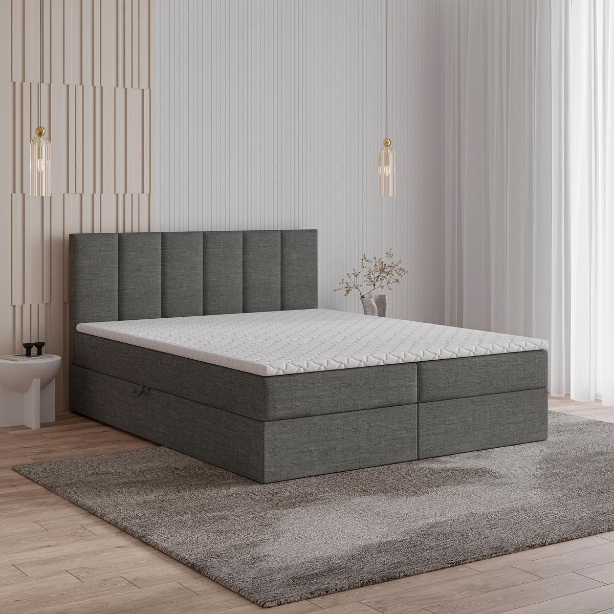 BOXBETT MERIL 200x200 cm mit Matratze und Topper, H2+H3 - Dunkelgrau - Dunkelgrau, Holz (200/200cm) - MASSENO