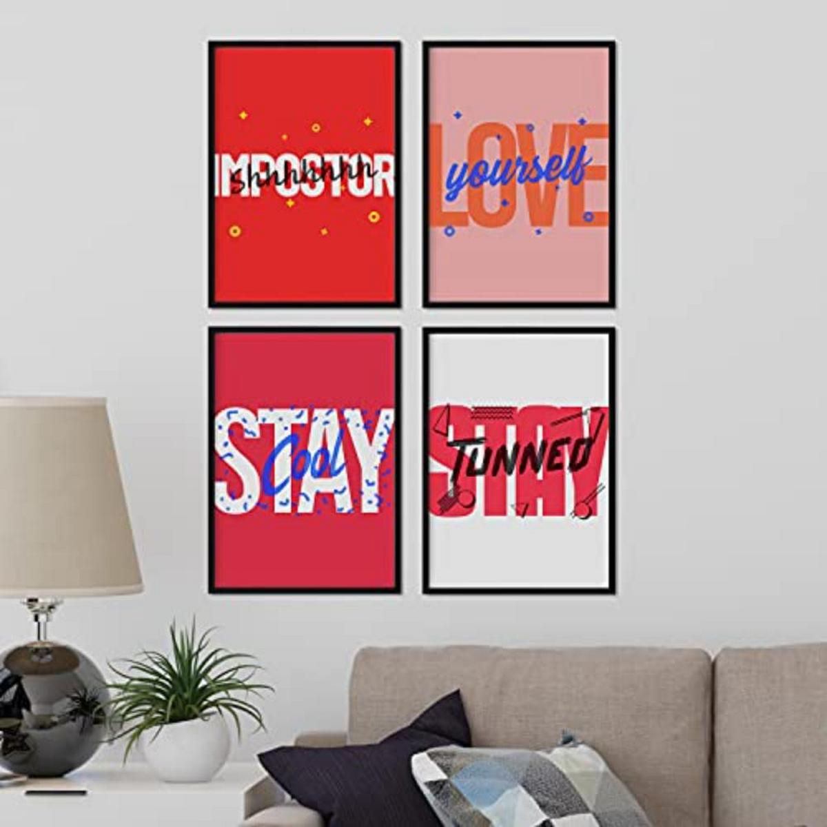 POSTER Set mit 4 roten Etikettendesign und Motivationsnachrichten A4 Schwarzer Rahmen - Schwarz, Papier (29.7/3cm) - Nacnic