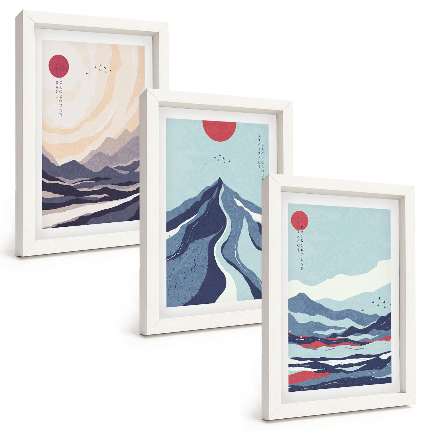 BILDER SET 3er Set - 20x30 cm Weißer Rahmen - Abstrakte japanische Berge - Weiß, Kunststoff (20/30cm) - TULUP