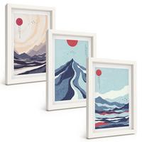 BILDER SET 3er Set - 20x30 cm Weißer Rahmen - Abstrakte japanische Berge - Weiß, Kunststoff (20/30cm) - TULUP