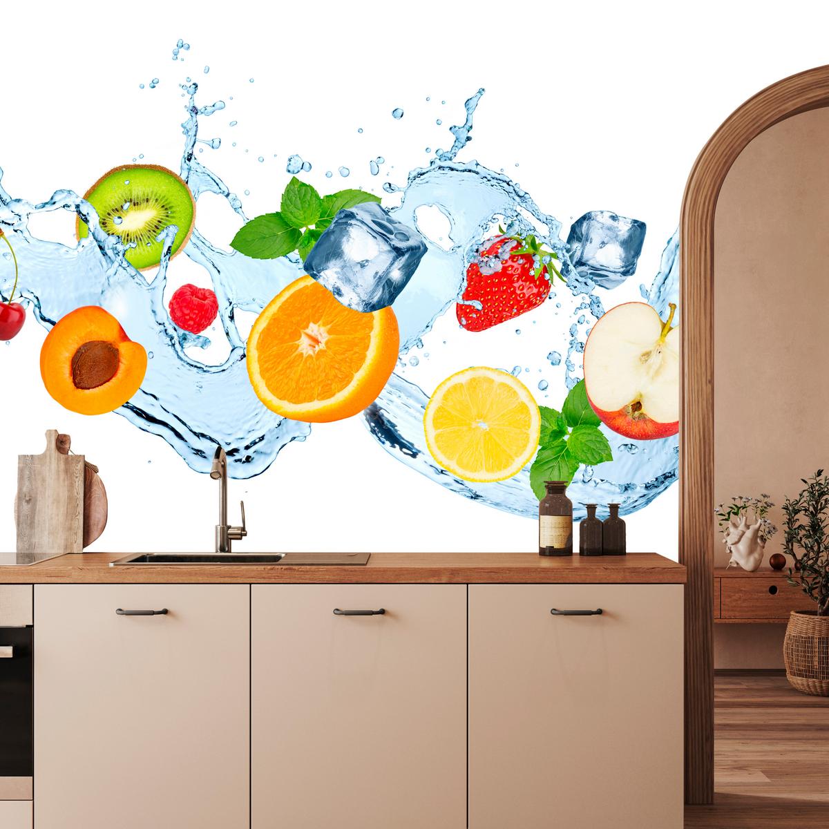 FOTOTAPETE für Küche Erfrischende Früchte Eis Wasser Orange Minze Zitrone Kiwi 500x350 - Gelb/Rot, Papier (500/350cm) - Muralo