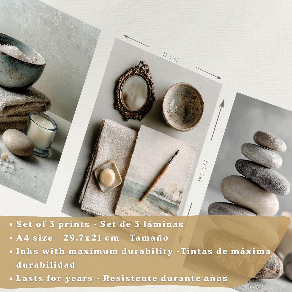 POSTER 3er-Set moderne Badezimmer-Wandposter, Entspannungsposter im Spa-Stil WC mit Steinen, Kerzen und Salzen, Zen-Dekoration Weißer Rahmen A4 - Weiß, Papier (29.7/21/3cm) - Nacnic