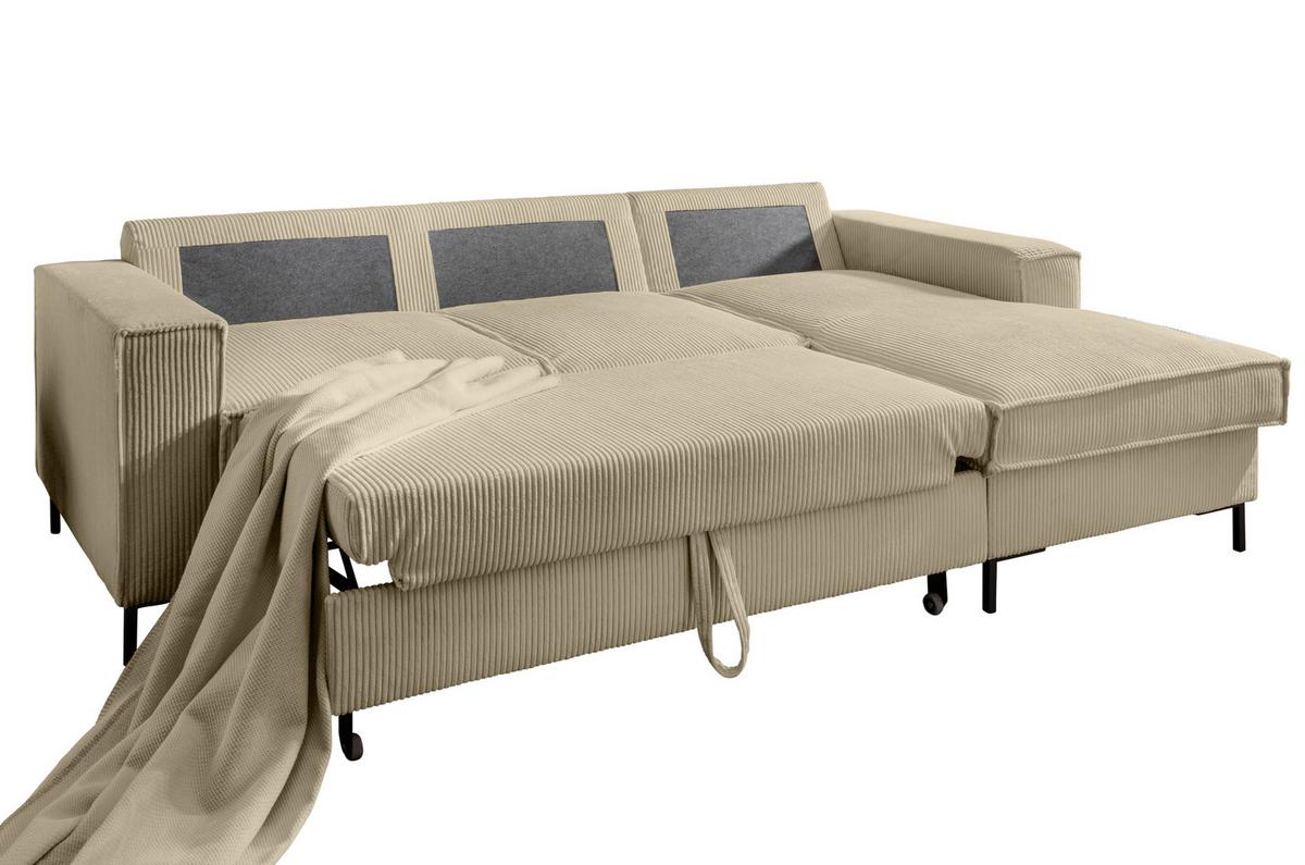 ECKSOFA mit Schlaffunktion, Bettkasten, Wellenunterfederung, Récamiere rechts B240/T150/H92 cm, Liegefl. 125x198 cm, Cord Beige Grau / 17220 - Greige/Schwarz, Textil/Metall (240/150cm) - luma-home