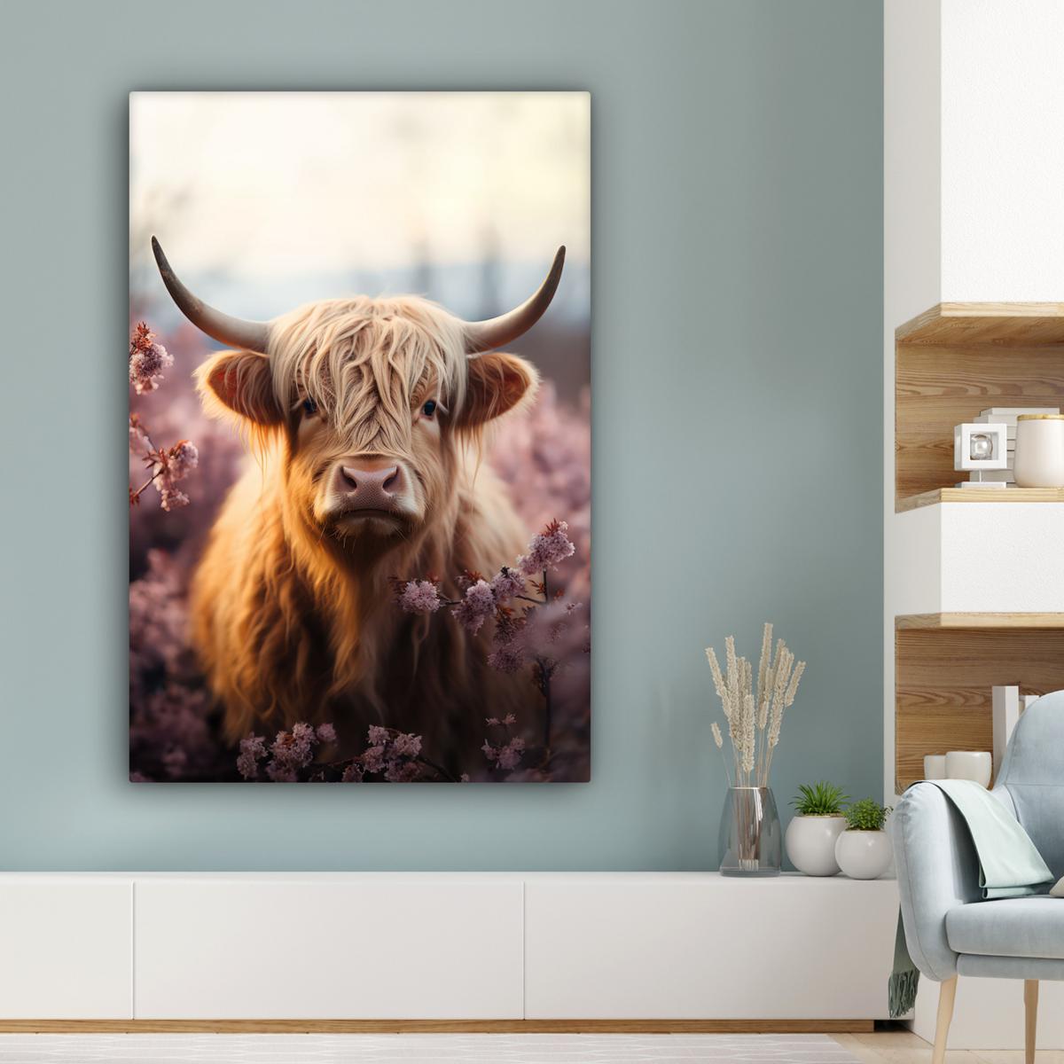LEINWANDBILD Schottischer Hochländer - Frühling - Hochland Deko XXL 80x120 cm - Hellrosa, Textil (80/120cm) - MuchoWow