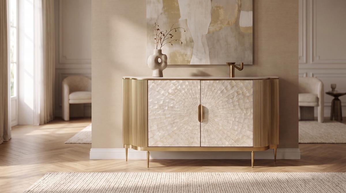 SIDEBOARD LEOLA Cremeweiß Holz - Goldfarben/Creme, Holz/Metall (180/200cm) - KAWOLA