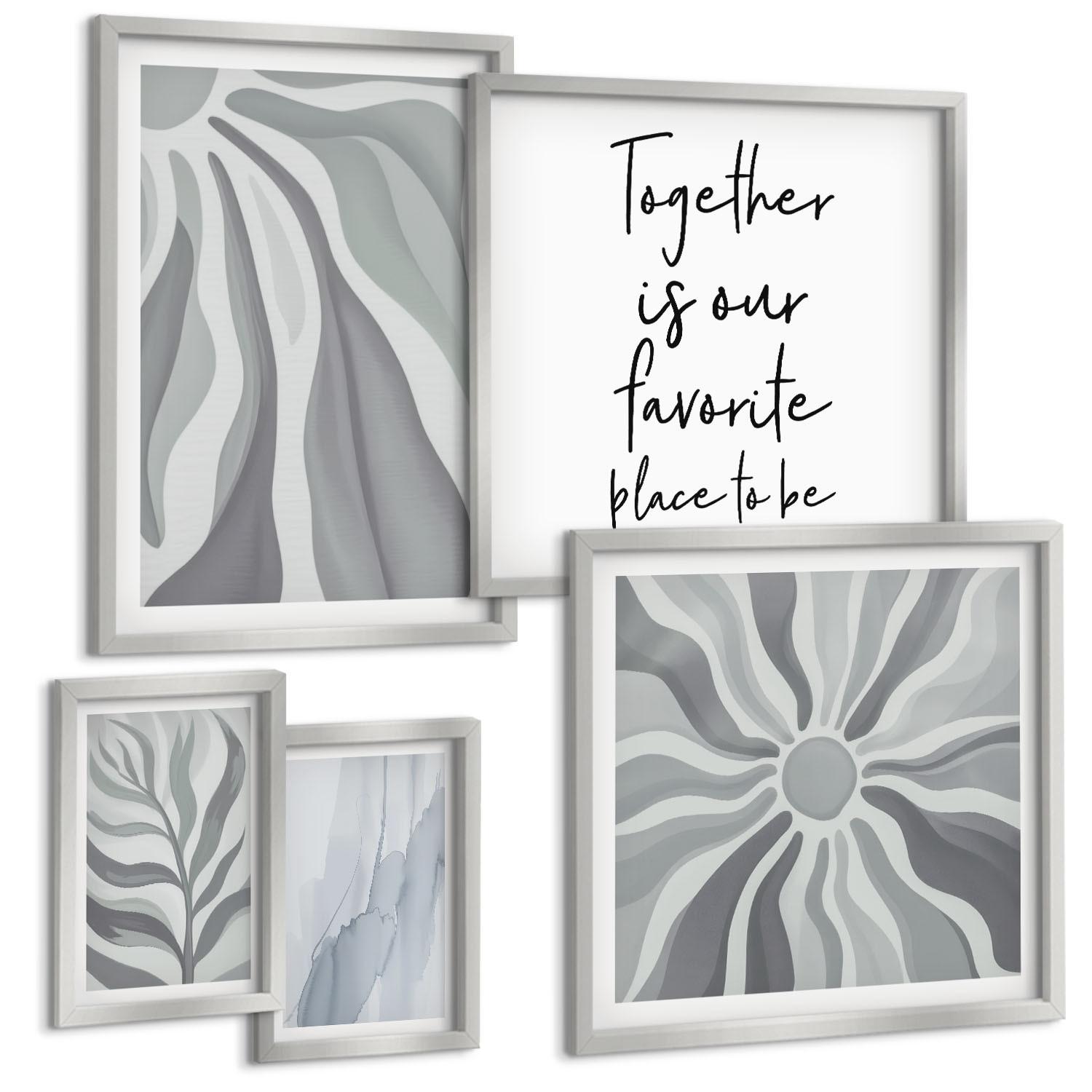 BILDER SET 5er Set - 50x50 cm & 20x30 cm & 40x60 cm Silberner Rahmen - Illustrationen mit floralen Pastellmustern - Silberfarben, Kunststoff (40/60cm) - TULUP