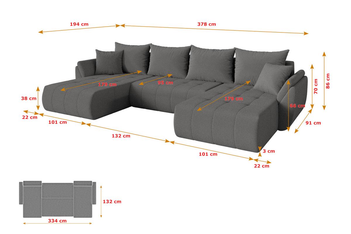 WOHNLANDSCHAFT mit Schlaffunktion und Bettkasten TOKO-U 378x194x86 Grau Bouclé - Schieferfarben/Schwarz, Holzwerkstoff/Kunststoff (378/86/194cm) - ALTDECOR