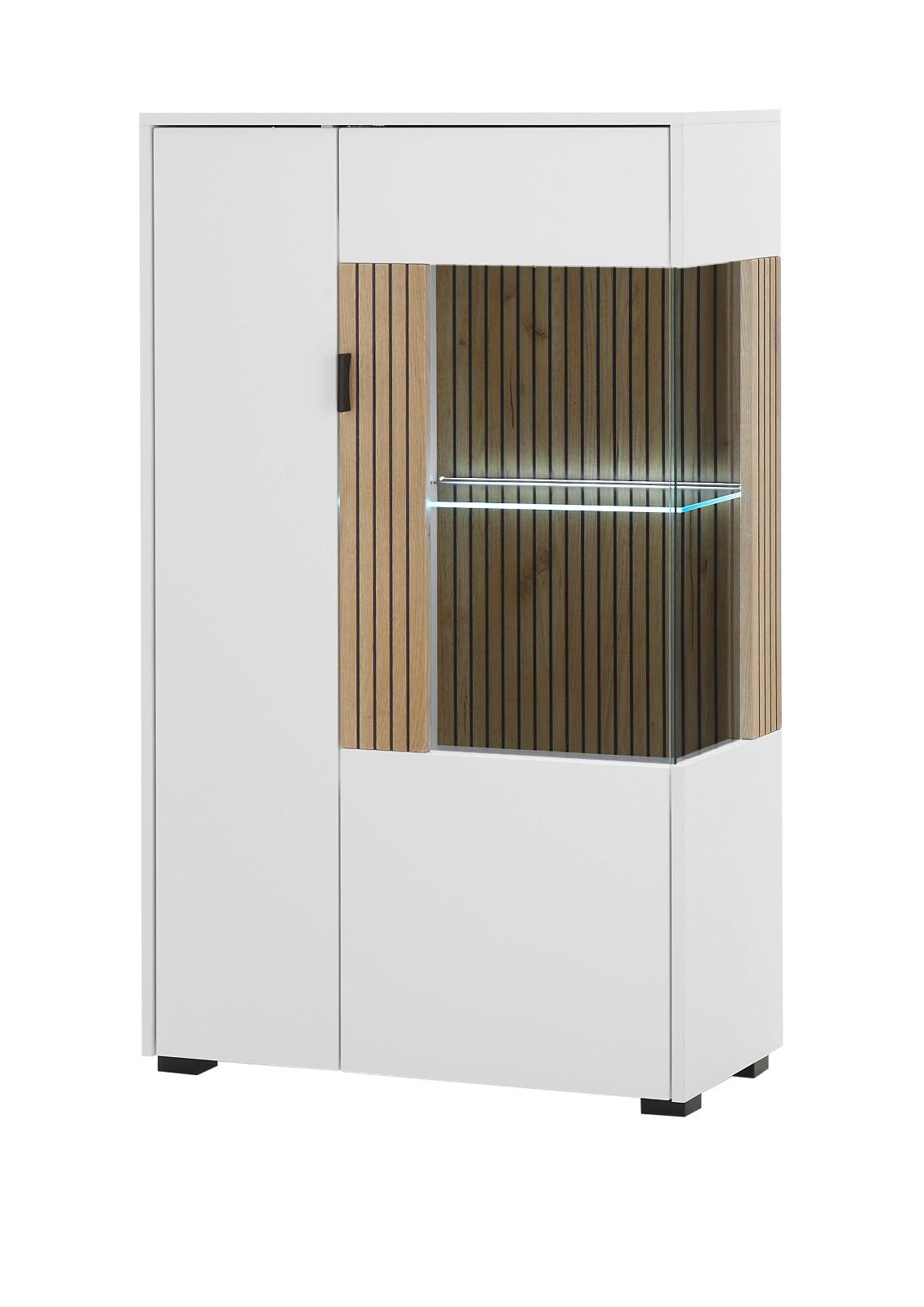 VITRINE weiß matt, Eiche 75 x 125 cm, Highboard mit Soft-Close-Funktion - Eichefarben/Schwarz, Glas/Holzwerkstoff (75/125/38cm) - Furn.Design