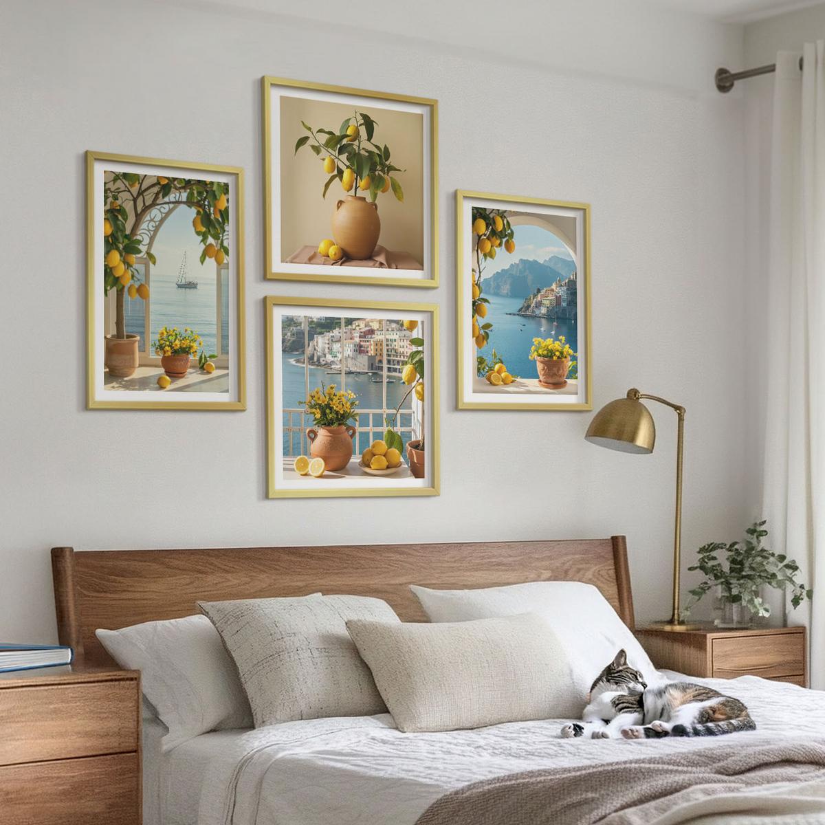 BILDER SET 4er Set - 50x50 cm & 40x60 cm Goldrahmen - Zitronenblumen aus der Küstenstadt - Goldfarben, Kunststoff (50/50cm) - TULUP