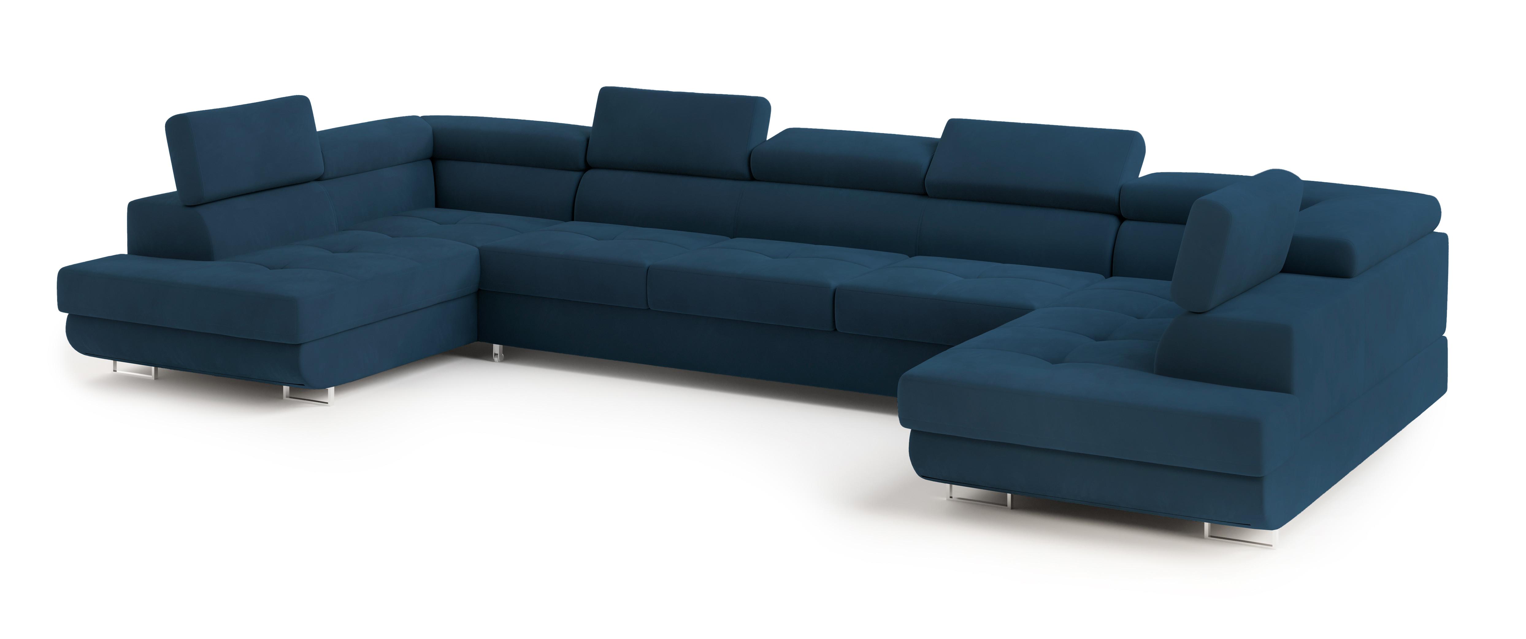 WOHNLANDSCHAFT ISOLANO Blau Velours-Stoff mit Schlaffunktion - Blau, Holz (408/90/202cm) - MASSENO