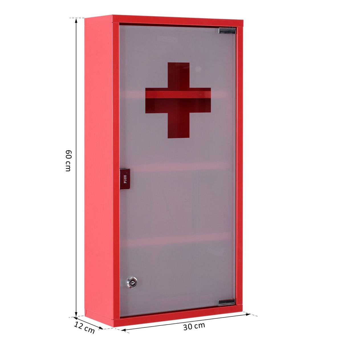 METALL Medizinschrank Arzneischrank Ersthilfe Schrank 4 Fach Rot Drehtür - Rot, Glas/Metall (12/60/30cm) - HOMCOM