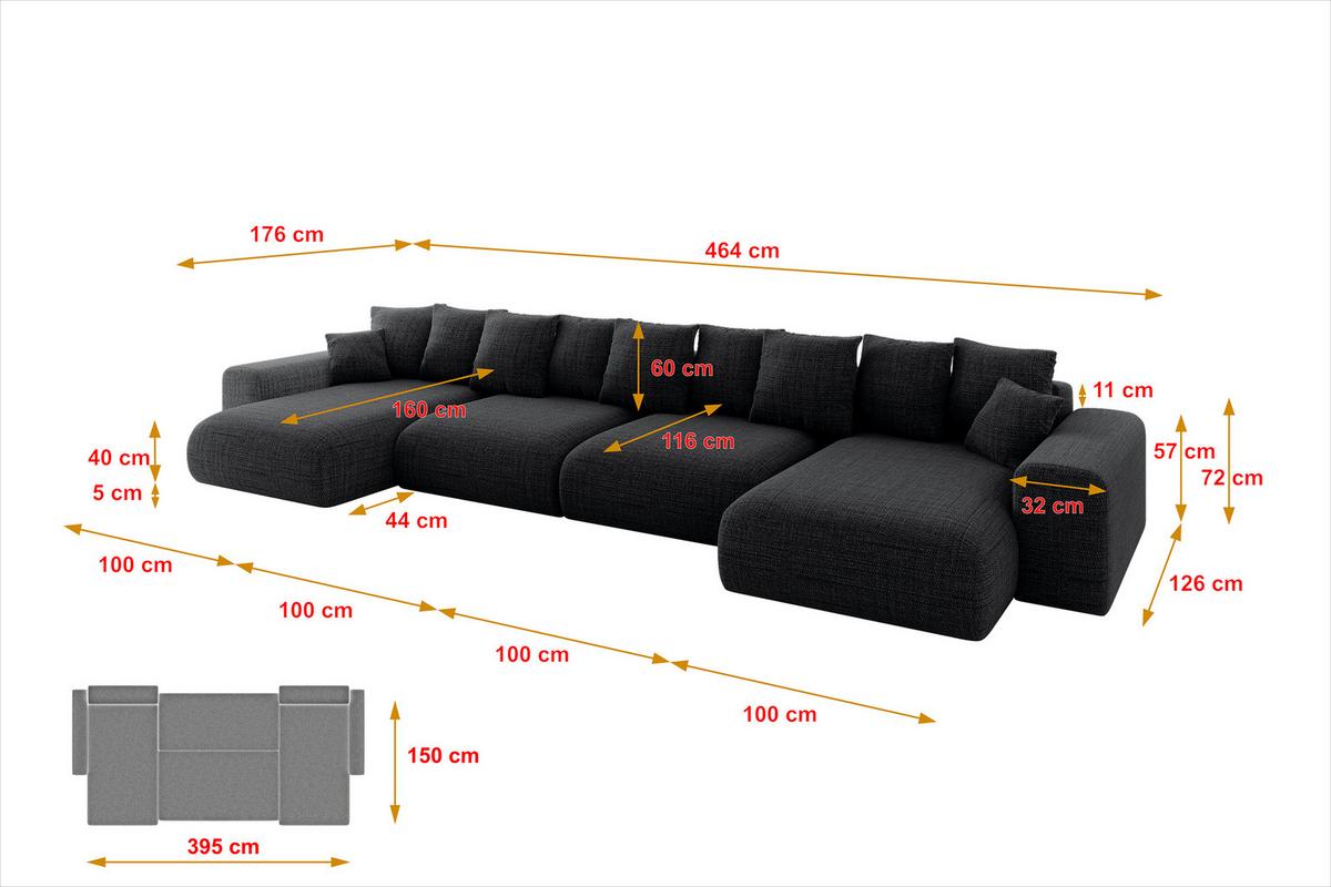 WOHNLANDSCHAFT mit Schlaffunktion ESKAR-U2-464x176x72cm Schwarz - Schwarz, Holzwerkstoff/Kunststoff (176/72/464cm) - ALTDECOR