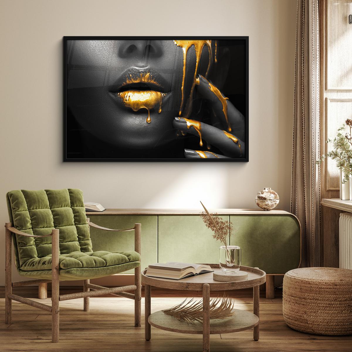 POSTER MIT RAHMENGERAHMTES BILD Frau - Schwarz - Gold - Gesicht - Lippen 120x80 cm - Goldfarben, Papier (120/80cm) - MuchoWow