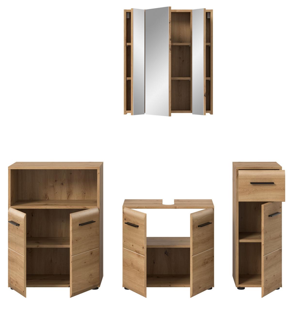 BADMÖBEL-SET 4-teilig in Eiche Artisan, Badezimmer Schrank-Set 180 x 185 cm - Schwarz/Eiche Artisan, Glas/Holzwerkstoff (180/185/30cm) - Inn.Furn