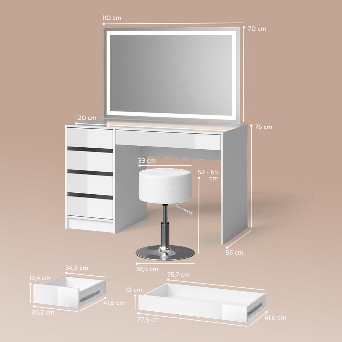 SCHMINKTISCH Imola Weiß mit LED-Spiegel und Hocker - Weiß, Holzwerkstoff (120/75/55cm) - Livinity®