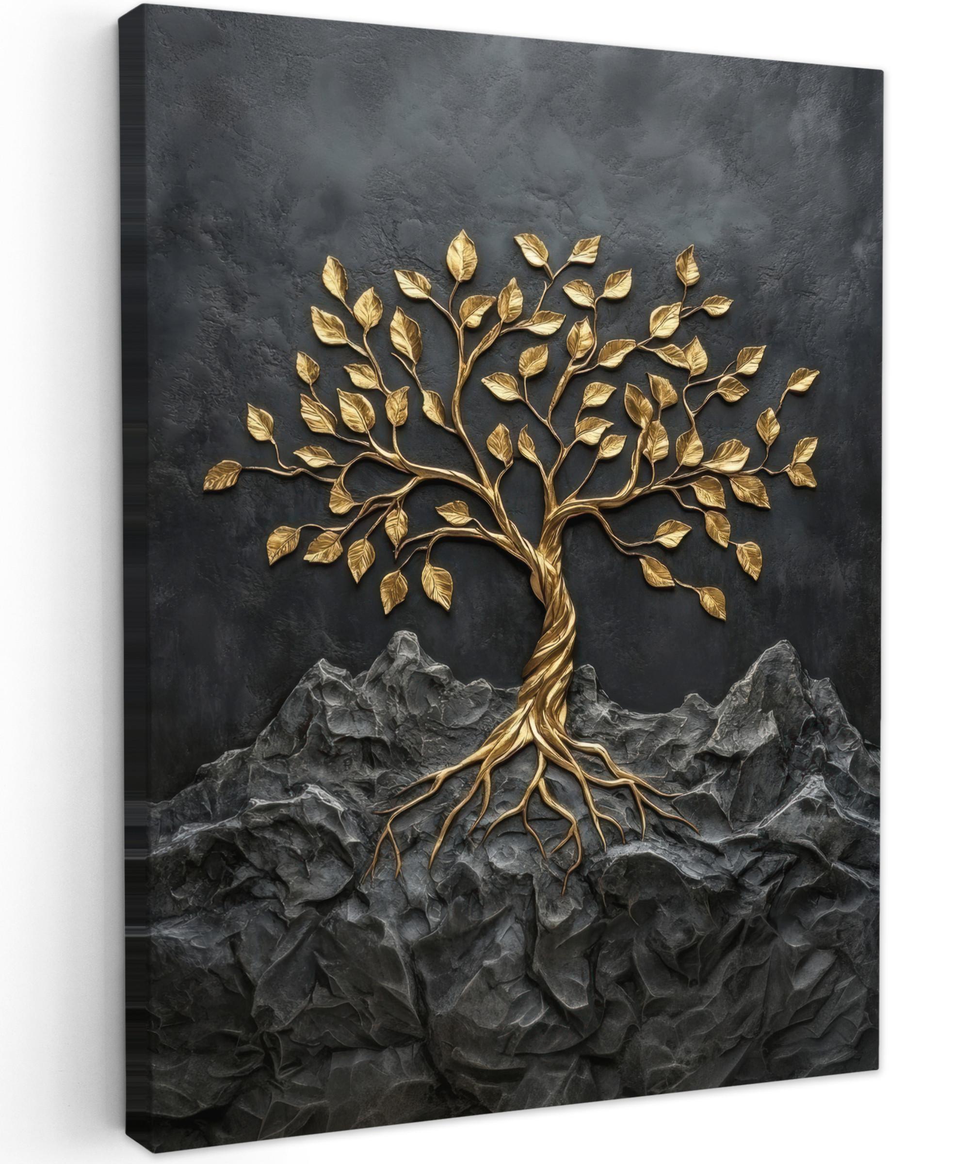 LEINWANDBILD Blätter - Gold - Baum - Fels Room Decor 30x40 cm - Schwarz, Textil (30/40cm) - MuchoWow