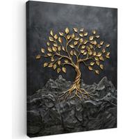 LEINWANDBILD Blätter - Gold - Baum - Fels Room Decor 30x40 cm - Schwarz, Textil (30/40cm) - MuchoWow