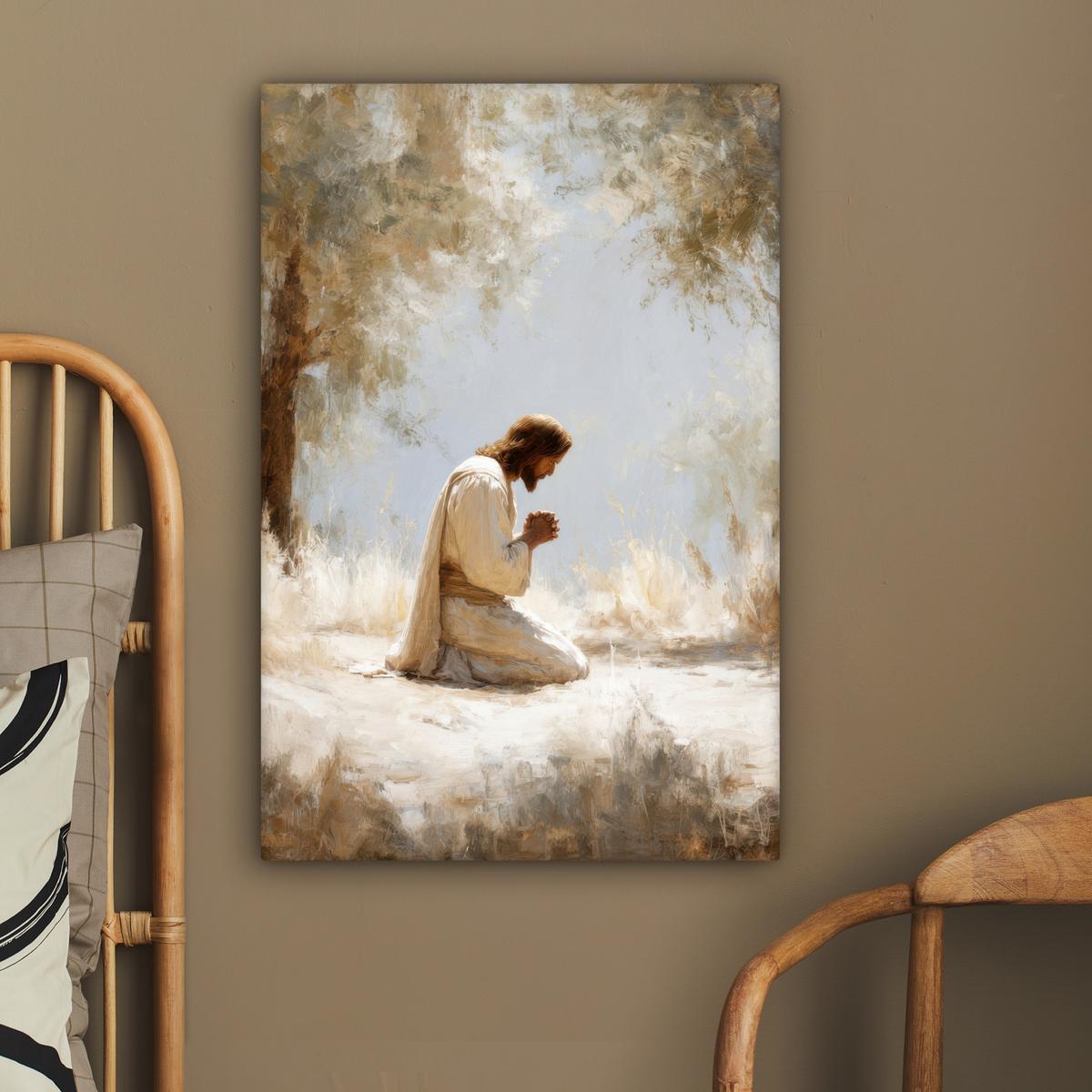 LEINWANDBILD Jesus - Kniend - Waldlandschaft - Betend Wanddeko 40x60 cm - Beige/Hellblau, Textil (40/60cm) - MuchoWow