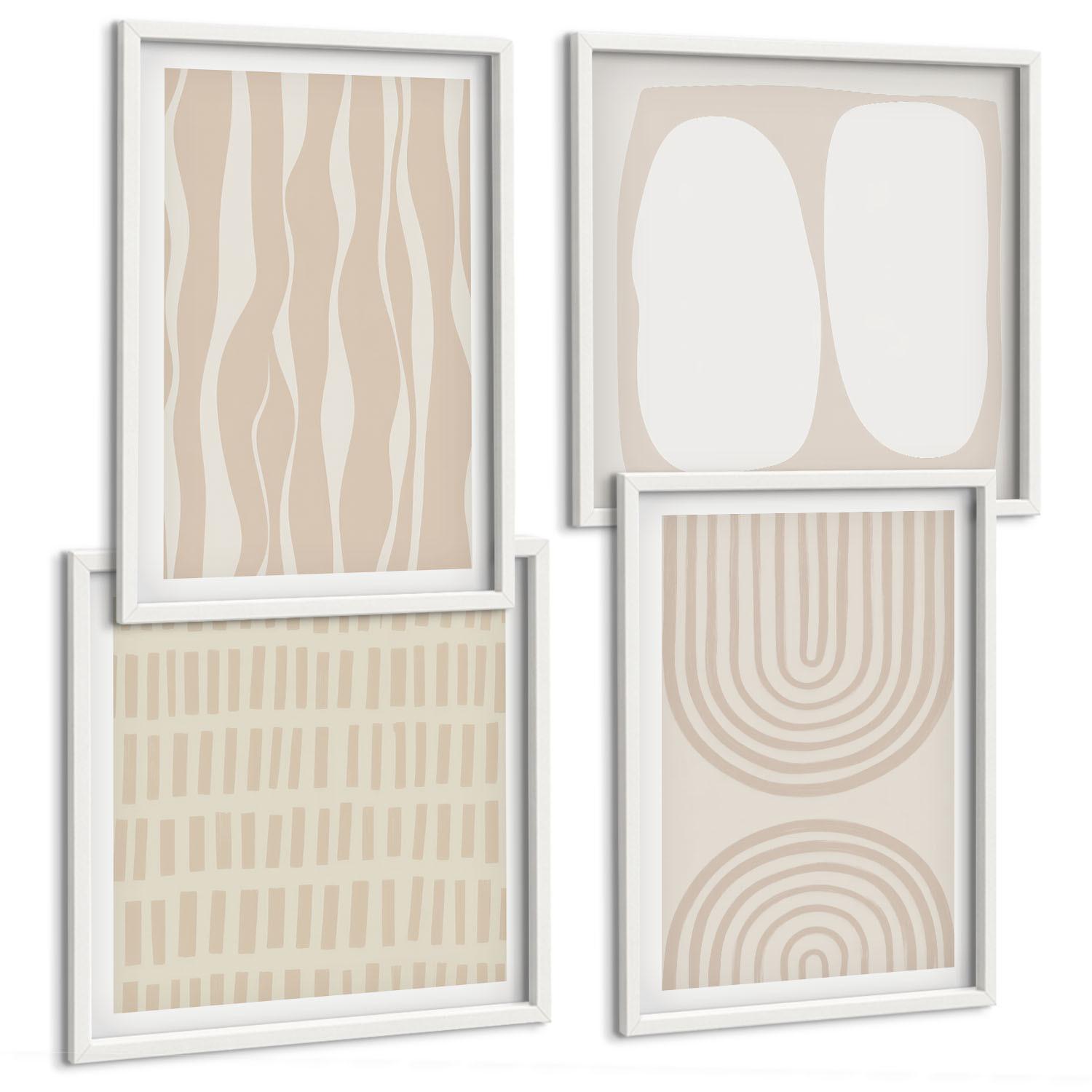 BILDER SET 4er Set - 50x50 cm & 40x60 cm Weißer Rahmen - Abstrakte Boho-Musterformen - Weiß, Kunststoff (50/50cm) - TULUP