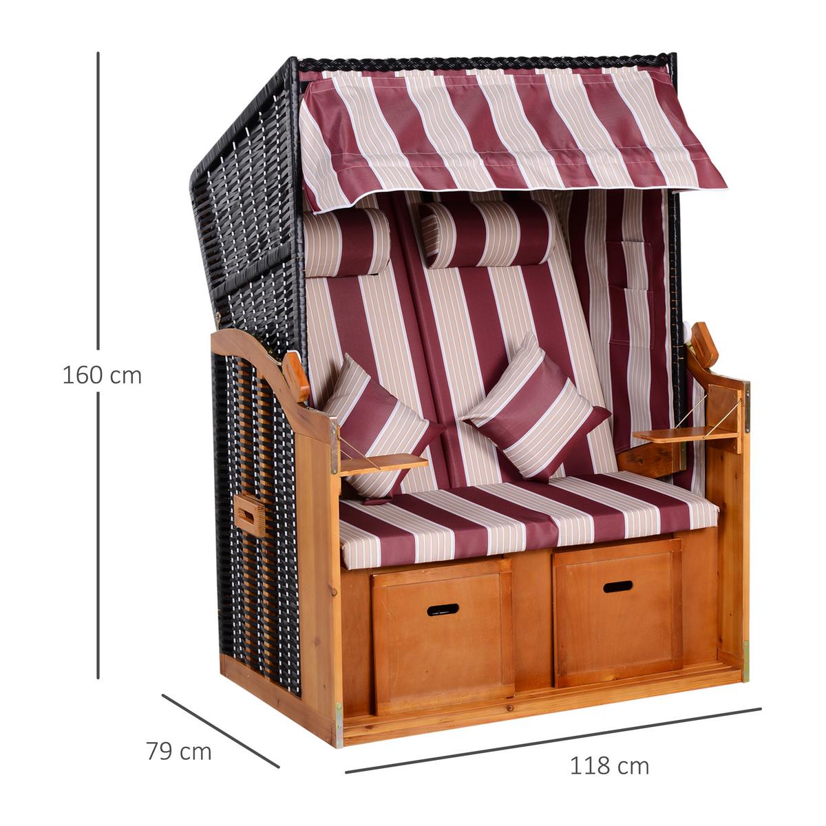 DOPPELTE Sonnenliege mit Dach 5-stufige Rückenlehne PE-Rattan Rot+Weiß 118 x 79 x 160 cm - Weiß, Kunststoff (79/160/118cm) - Outsunny