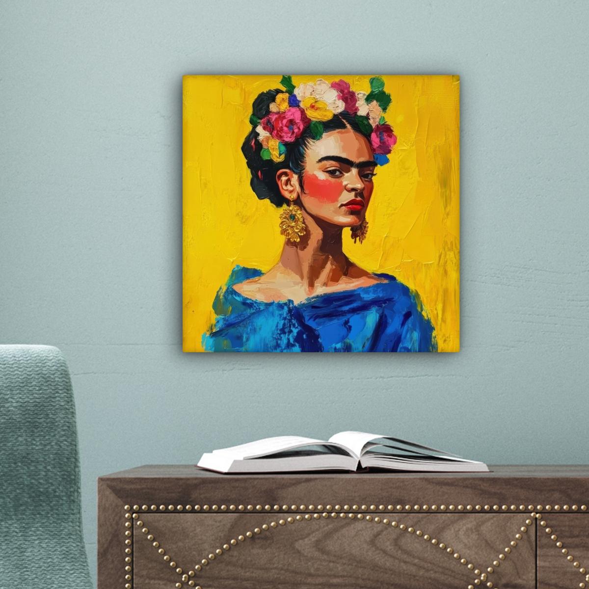 LEINWANDBILD Frida Kahlo - Frau - Gelb - Blau - Blumen Deko Wohnzimmer 20x20 cm - Gelb, Textil (20/20cm) - MuchoWow