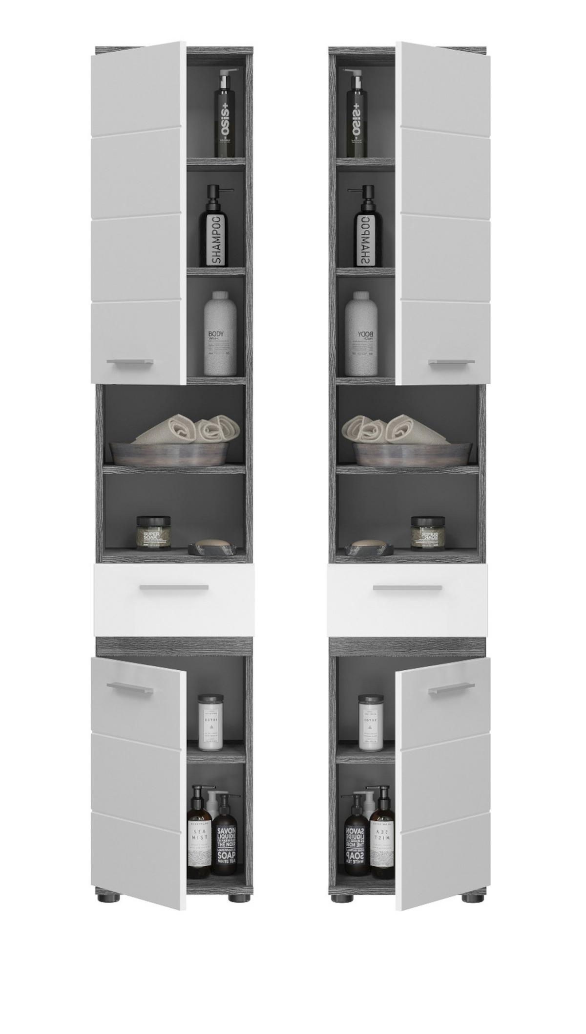 HOCHSCHRANK weiß Hochglanz, grau 35 cm, Badschrank mit 6 Fächern - Weiß Hochglanz/Silberfarben, Holzwerkstoff/Kunststoff (35/191/31cm) - Inn.Furn