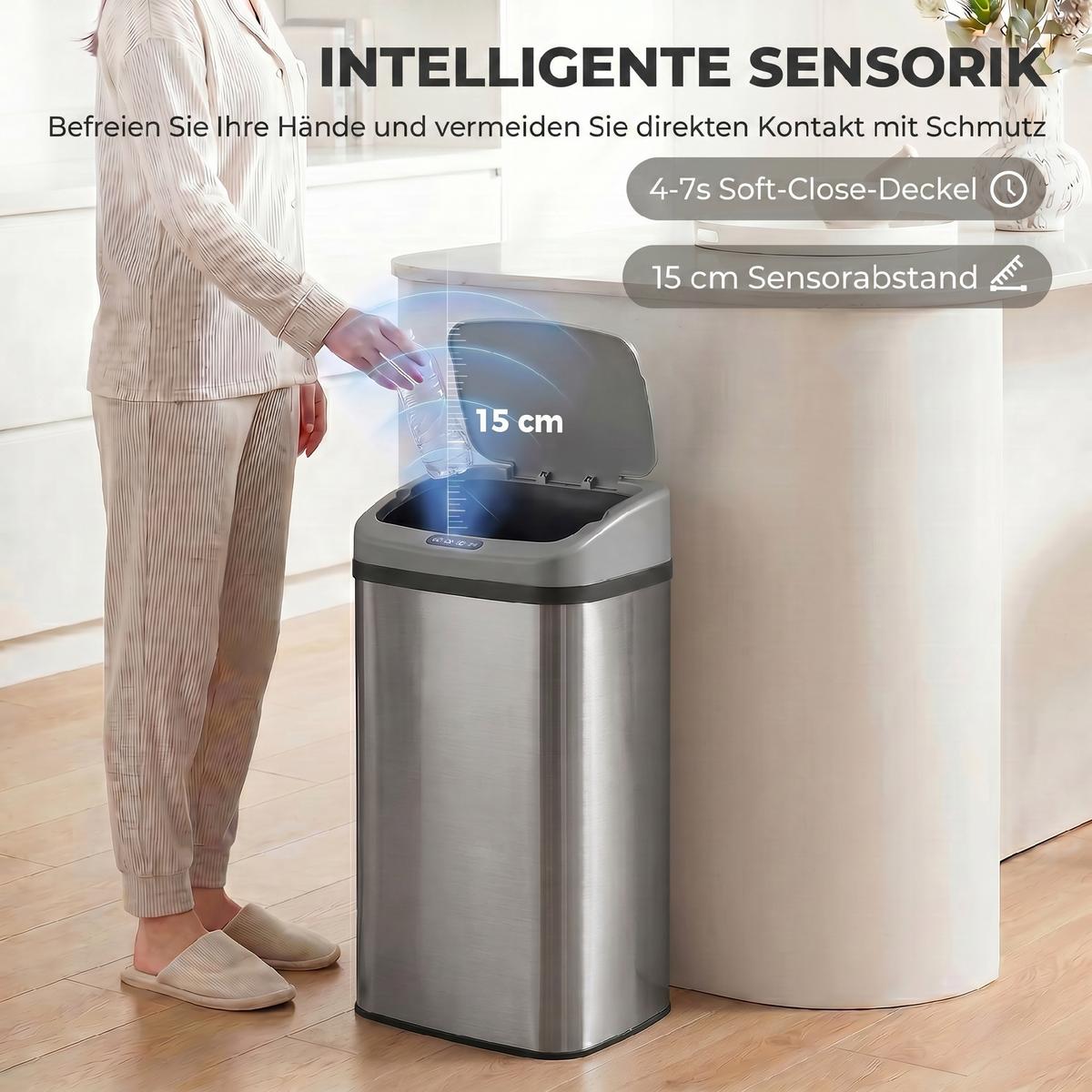 MÜLLEIMER mit Sensor 48L Edelstahl Abfalleimer mit Automatischer Schließfunktion - Silberfarben, Metall (25/69/33cm) - HOMCOM