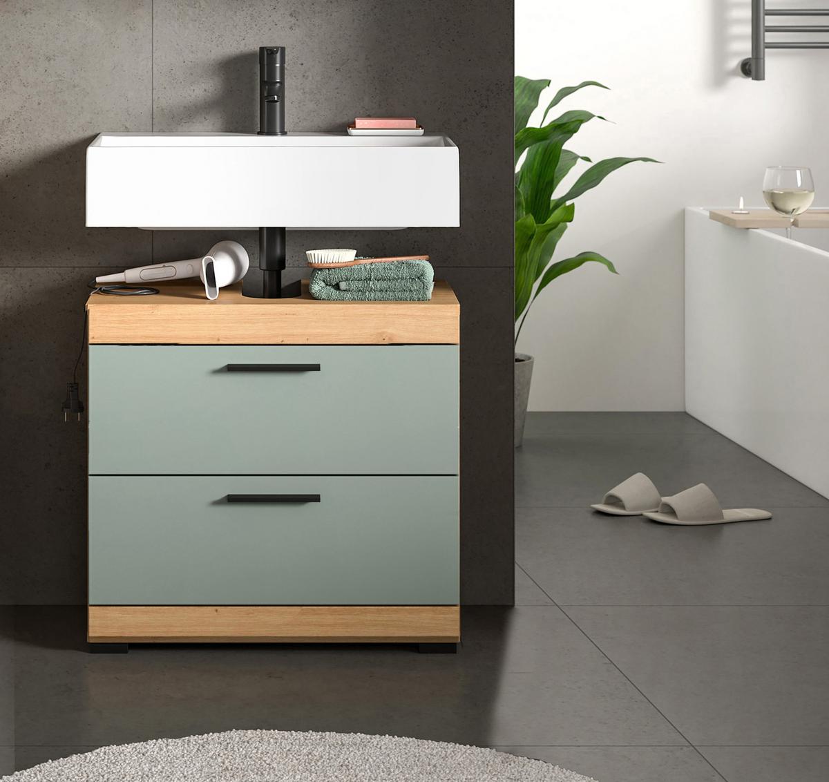 WASCHBECKENUNTERSCHRANK Salbei grün, Eiche Artisan 60 cm mit Schubkästen - Salbeigrün/Schwarz, Holzwerkstoff/Kunststoff (60/56/37cm) - Inn.Furn