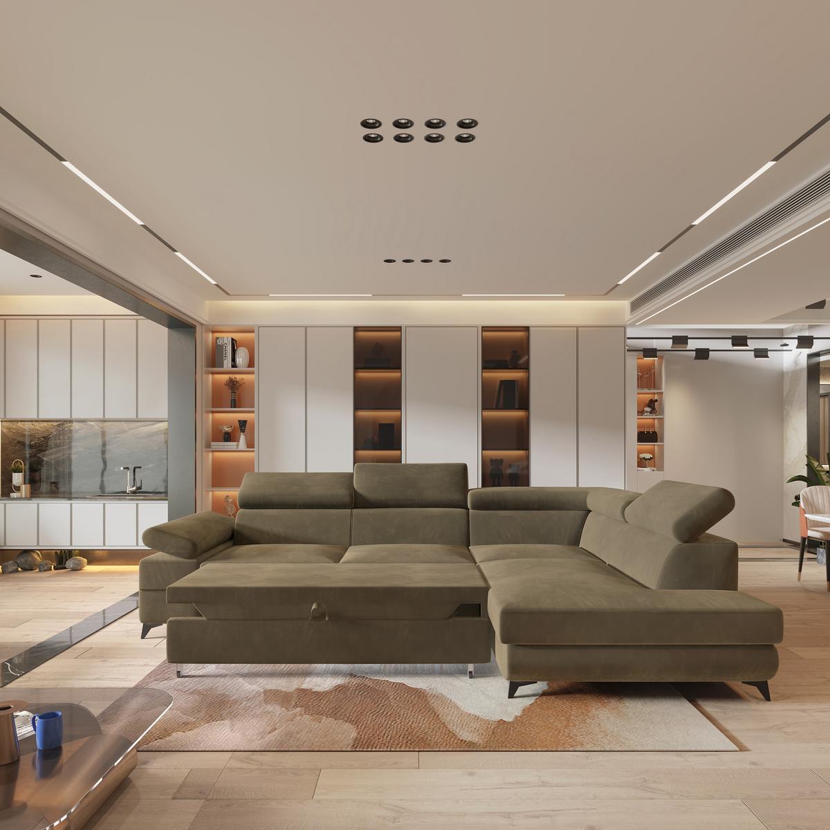 ECKSOFA FAVIEN R-S Beige Velours-Stoff mit Schlaffunktion - Beige, Holz (257/190cm) - MASSENO